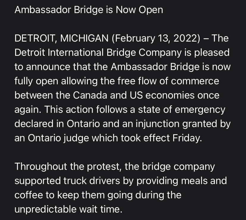 ambassador bridge reopens after protest cleared